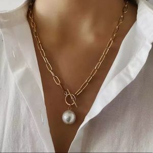 🌟. Big Baroque Imitation Pearl Two Tone Chain Necklace